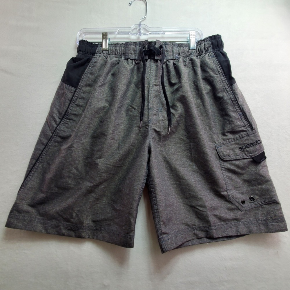 Speedo Swim Trunks Men's Large Gray Black Polyester Beach Surfing Quick Dry